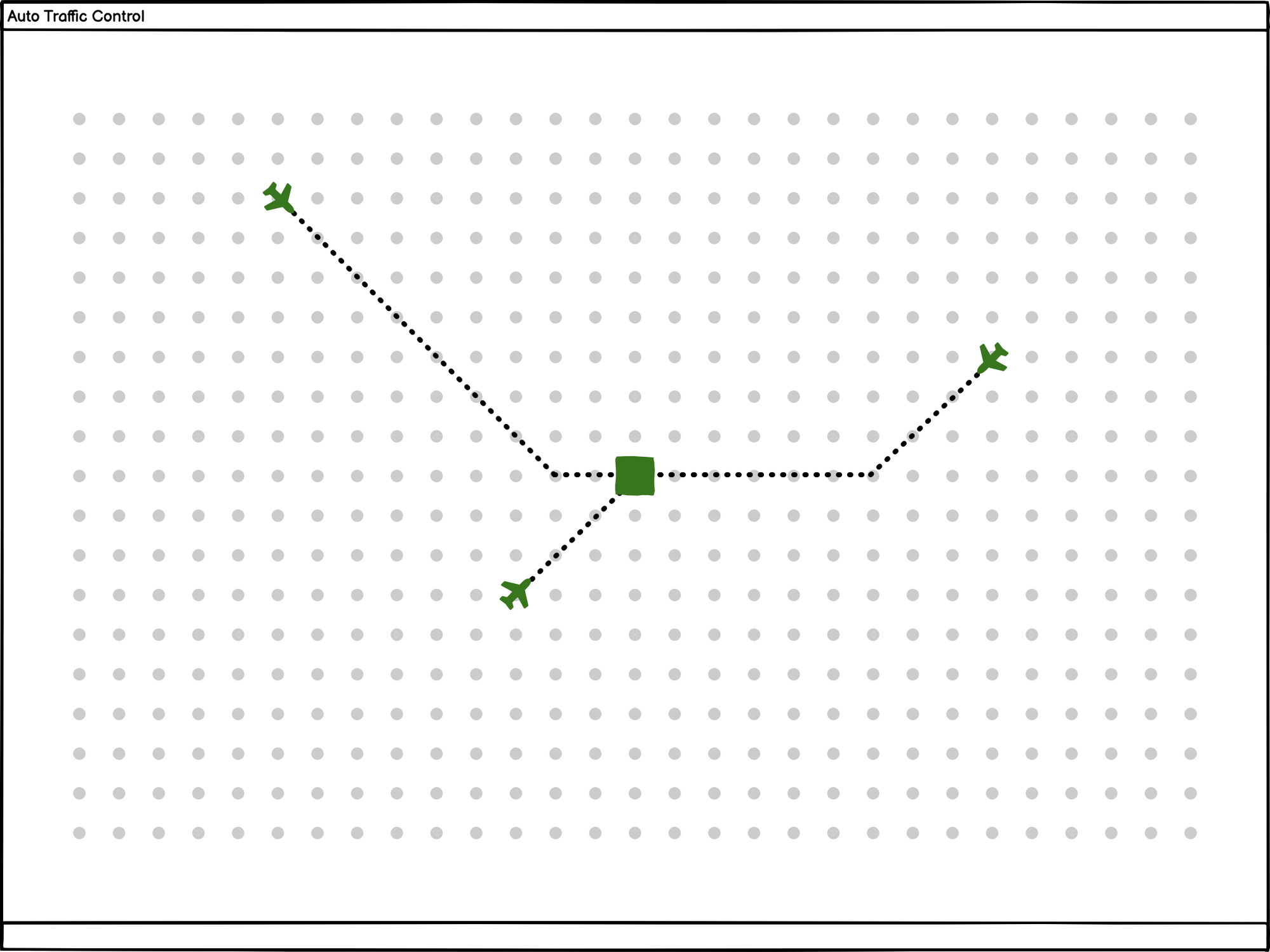 Drawing showing a grid pattern with an airport at the center and three planes on route