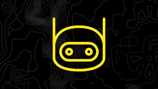 A robot's head, which is the logo of DEV x BOTS, on top of a map with topological contour lines